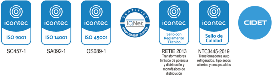 FyR ingenieros Ltda. Logos Certificaciones de Calidad ISO 9001, ISO 14001, ISO 45001, IQ Net, Retie 2013, Sello de Calidad NTC3445-2019, CIDET.